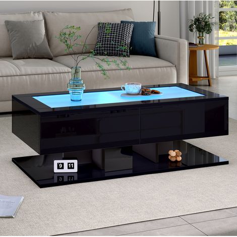 Table basse 100x50x35 cm noir brillant, 2 tiroirs, plateau en verre trempé et LED MEUBLIV (1/5)