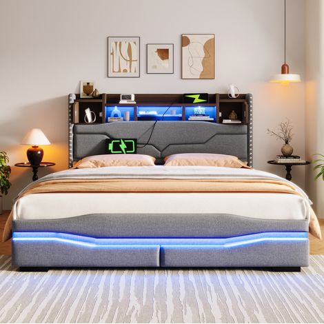 lit adulte couchage rangement led usb 160x200 lin gris OKMYHOME (1/5)