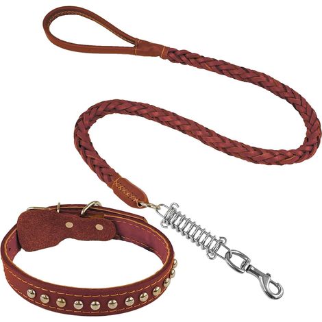 Collare e guinzaglio per cani in similpelle, design intrecciato con ammortizzatore, resistenti ed eleganti, perfetti per l'addestramento e le passeggiate, marrone (L) (1/5)