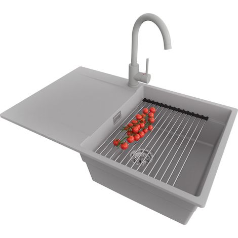 PRIMAGRAN Evier Cuisine en Granit 78x50cm, Lavabo 1 bac + Robinet 32x20cm + Kit de Vidage + Accessoire, Évier à Encastrer au meuble 50cm - San Francisco, Gris (1/5)