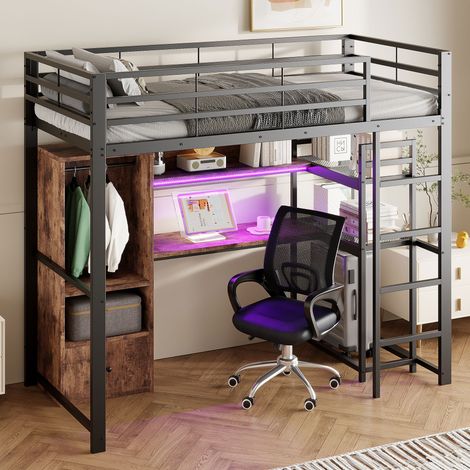 Cama alta de metal negro y MDF (90x200 cm) con escritorio, espacio de almacenamiento, cajón, iluminación LED y barandilla de seguridad.