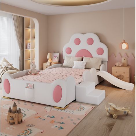 Cama infantil tapizada con tobogán y escalera rosa OKMYHOME (1/5)
