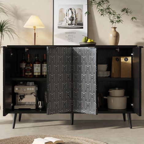 Meuble de salle à manger (120 × 35 × 78 cm), meuble de rangement pour salle à manger et salon, design de porte unique, meuble autoportant, anti-basculement, motif à chevrons, porte sculptée, noir (1/5)