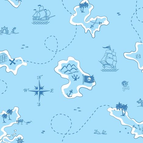 Pirate Map Wallpaper Blue White Kids Bedroom Nursery Playroom Treasure Island (1/4)