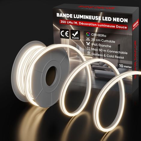 Ruban LED 10m 230V Bande lumineuse IP65 Etanche 10W/M 350LM/M 120 leds/m Neon LED Strip Décoration Maison Cuisine Jardin Eclairage LED Blanc Naturel (1/5)