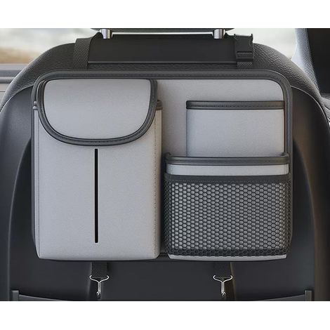 Tasca in pelle per schienale del sedile auto con portabicchiere e porta fazzoletti, cinghia portaoggetti multi-tasca, tracolla regolabile, adatta a SUV, camion e berline (grigio).