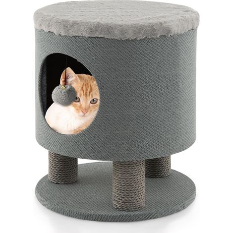 COSTWAY Taburete para Gatos 3 en 1 con Condominio, Casa para Mascotas Otomana, Cueva para Gatos con Poste Rascador y Bola de Felpa, Cama Gato Cueva 40 x 40 x 47 cm (gris) (1/5)