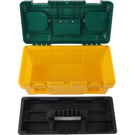 Boîte à outils matériel transportable avec bac amovible coffret petites pièces jaune vert PP 40x20x19cm (1/5)