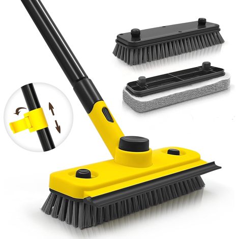 Cleaning Brush with Long Handle, 3 in 1 Shower Scrubbing Brush, Sponge Brush Squeegee for Bathroom, Bathtub, Floor, Wall, Skirting Board (Yellow) (1/5)