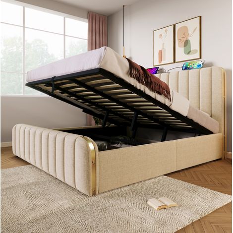 Lit coffre 2 places 180x200 cm beige en lin, rangement hydraulique, matelas inclus - CHICFURN (1/5)
