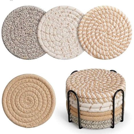 Coaster - Algodón Y Lino - Absorbente - Para Mesa De Café Y Barra - 8 Unidades Con Soporte Metálico (1/5)