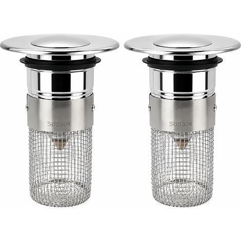 2 Pièces Bonde de lavabo pour vidage 34-40mm, Bouchon Lavabo Universel avec Filtre, Bonde Pop-Up pour Évier et Baignoire, Accessoire INOX pour Salle de Bain, Cuisine et Siphons de Sol (1/5)
