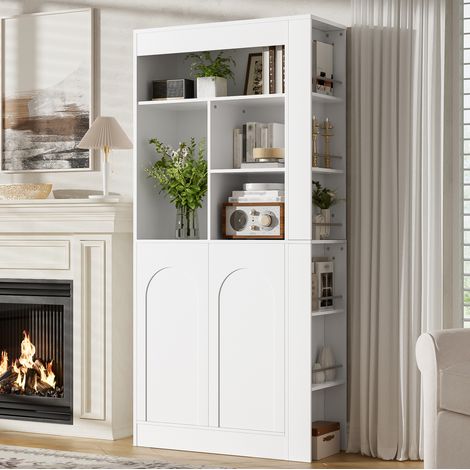 Armoire de rangement haute blanche avec étagères ouvertes, 2 portes et rangements latéraux, 85x35x180 cm (1/5)