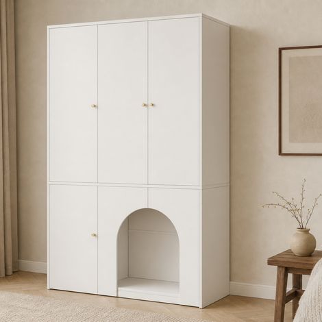 Armoire 3 portes blanche design incurvé 120 x 50 x 200 cm pour chambre à coucher, penderie avec tringle métallique et étagères, espace multifonction en bas pour animal ou jeu enfant (1/5)