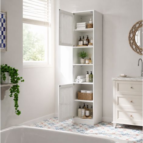 Mobiletto da bagno bianco alto 163 cm con ripiani regolabili, ante a doghe, in MDF e pannelli (1/5)