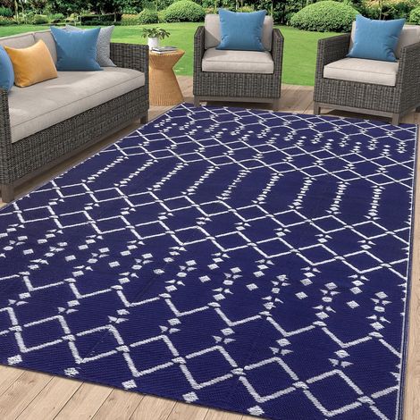 Tapis d'extérieur résistant aux intempéries 120 x 180 cm, utilisable des deux côtés, imperméable, tapis bohème pour terrasse, jardin, balcon, camping, pique-nique, bleu marine (1/5)