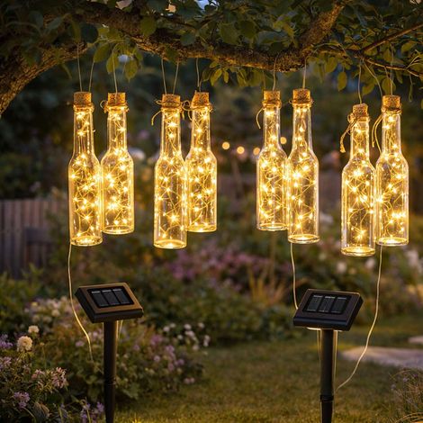 Außenlampe Lichterkette Garten Solarlampe 4-flammig, LED Terrassenleuchte Glas Flaschen klar Gartendeko, 12x LED warmweiß, LxBxH 4,8x4,8x14,5 cm, 2er Set