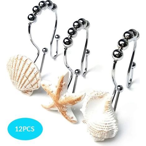 Ganci decorativi per tenda da doccia a tema marino, resistenti alla ruggine, anelli per tenda da doccia in acciaio inox con 5 rotelle scorrevoli per bagno e doccia, set da 12 ganci (1/5)