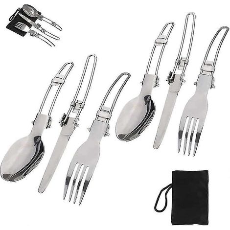 Couteau, fourchette et cuillère pliants 3 en 1 portables avec manche en acier inoxydable pour une utilisation en extérieur (ensemble de 2 pièces) (1/5)