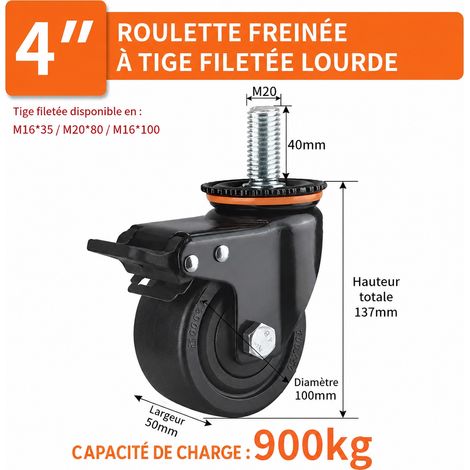 Roulette pivotante extra-lourde 4 pouces 100 mm à tige filetée M20x40 en nylon avec frein 900 kg 4 m20 40 9 2 kg – Livraison gratuite