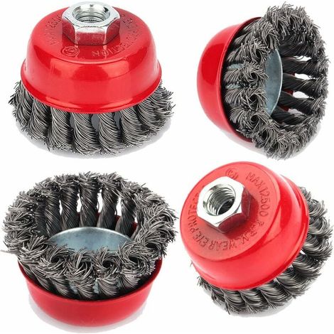 Brosse à fil d'acier pour meuleuse angulaire - Lot de 4 brosses métalliques torsadées M14, diamètre 75mm et 100mm, TRIMEC, idéales pour dérouillage, nettoyage et polissage des surfaces métalliques (1/5)
