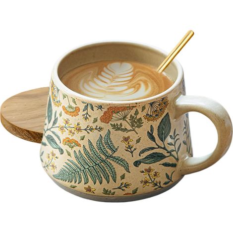 Mug Café Vaisselle Céramique Vintage Café Thé Lait Boisson Mug à eau avec couvercle et cuillère Pour Service En Céramique Vintage Café Thé Boissons Chaudes Froides Maison Cuisine (1/5)
