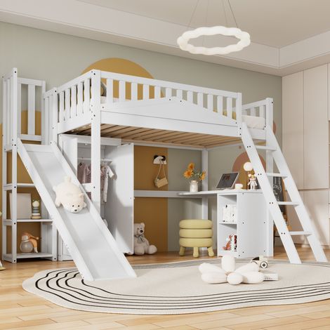 Letto rialzato bambini 90x200 cm con porta di sicurezza, scivolo, scala, armadio e ripiano portaoggetti, bianco (1/5)