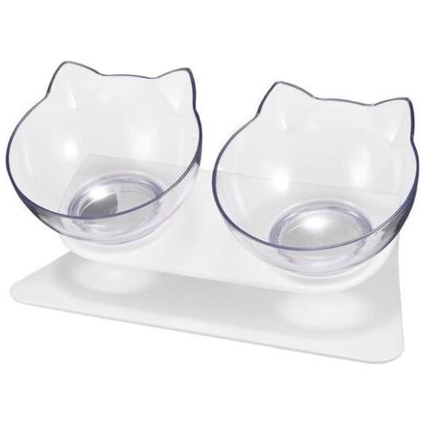 Cat bowl and food dish, double cat bowl with plastic stand, 29 x 15 x 8 cm, white (1/5)