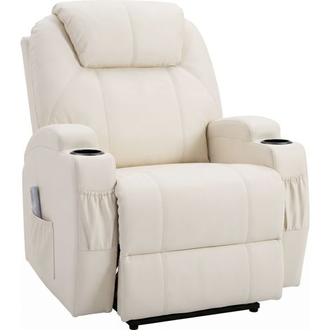Fauteuil Luxe de Relaxation et Massage Inclinaison Dossier Repose-Pied électrique revêtement synthétique Crème (1/5)