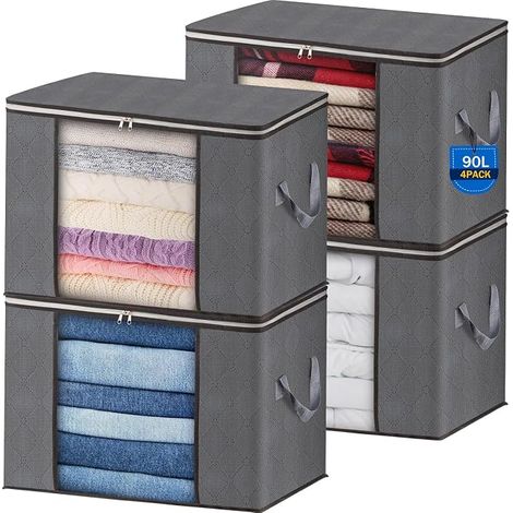 Sac de Rangement Vetement Pliable avec FenêTre Transparente, Non-tissé Boite Rangement Vetement pour Couettes, Couvertures Jouets VêTements, 60x 40x 35cm (1/2)
