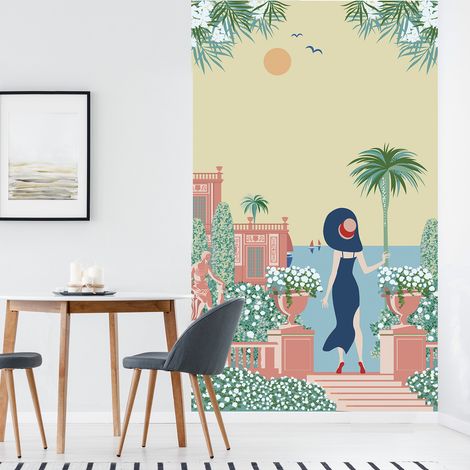 Papier peint intissé Paysage des Îles Grecques, Vue sur Mer, Femme en Tenue Bleue, 250 cm X 150 cm. (1/2)