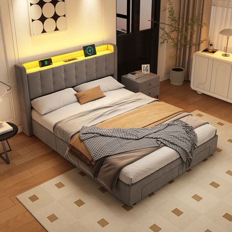 Lit 140x190 cm Rembourré avec LED, 2 Grands Tiroirs, Ports USB, Mécanisme Hydraulique, Velours Durable - Design Moderne et Fonctionnel (1/5)