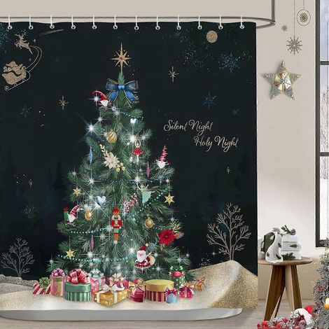 Rideau de douche sapin de Noël - Coffrets cadeaux Nuit des Miracles - Tissu polyester imperméable et anti-moisissure, lavable en machine - Salle de bain 180 x 180 cm avec 12 crochets (1/5)