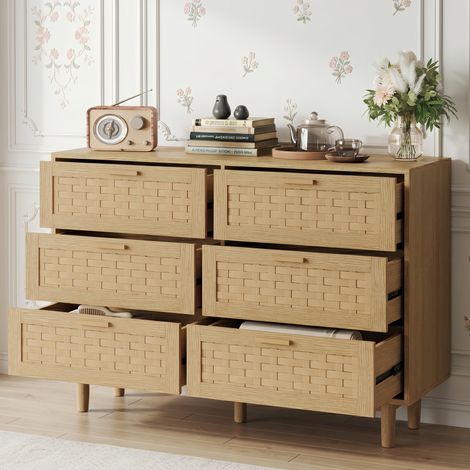 Commode Bois rotin 115 cm, Commode chambre 6 Tiroirs – Finition Bois Naturel, Poignées Métal et Pieds en Bois, Scandinave – Naturel