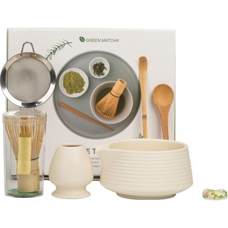 Matcha Set - Bol En Cuillère En Céramique - Chasen En Bambou - Support Pour Chasen Et Tamis - 7 Pièces - Blanc Mat (1/5)