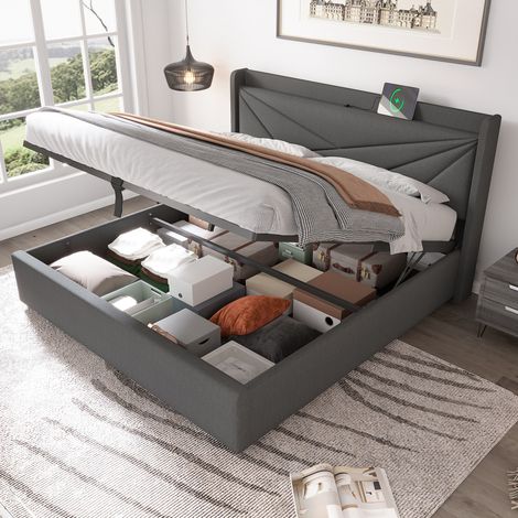 letto contenitore 180x200 con USB e testiera grigia OKMYHOME (1/5)