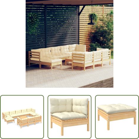 Terrassensofa - 11-tlg. Garten-Lounge-Set mit Creme Kissen Massivholz Kiefer (1/5)