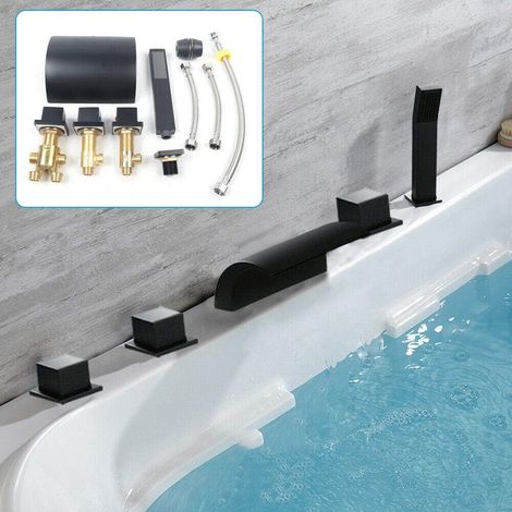 5-hole black brass bathtub faucet with waterfall hand shower. Bathroom mixer tap with hand shower. Shower set.