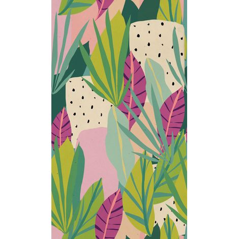 Papier peint intissé Palmiers & Feuilles Vert, Mauve, Rose - 8,80 x 0,53 m (1/2)