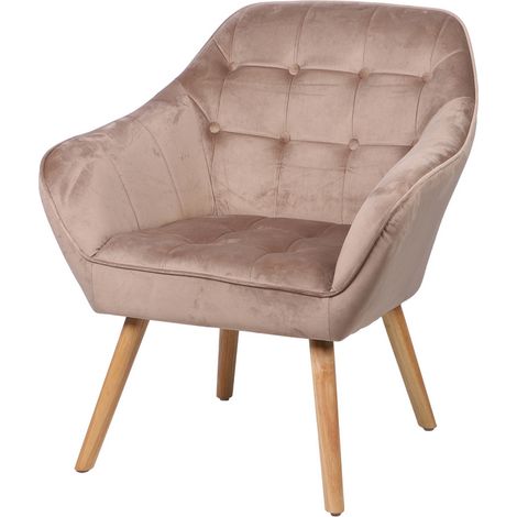 Fauteuil "Oly" en velours avec pieds en bois - Beige - L 74 x l 70 x H 85 cm - Livraison gratuite