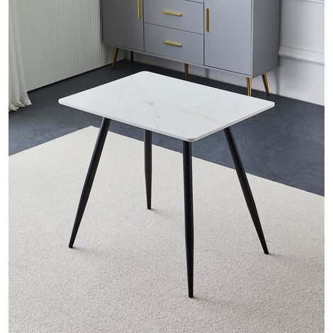 Hallowood Furniture Cullompton Small Rectangular White Marble Effect Dining Table with Black Metal Legs, 2-4 Seater Marble Table for Dining rooms, Kitchens, or Cafés