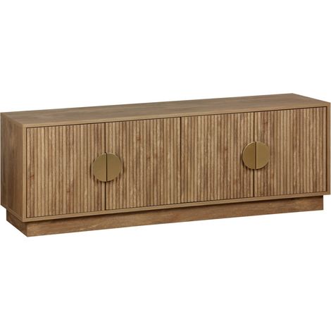 Meuble TV exotique 4 portes effet bois de manguier. poignées en métal doré L 140 x P 40 x H 48cm