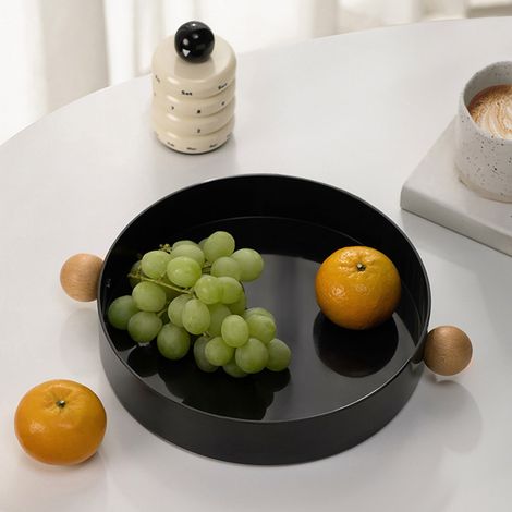 Plateau Rond - Poignée En Bois Massif - Résine - Pour Fruits Légumes Objets Petits - Salon Entrée Cuisine Bureau - 32,8 X 32,8 X 5,2 Cm - 1 Pièce (1/5)