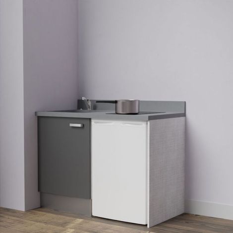 Kitchenette K08L - 120 cm avec plan monobloc et emplacement frigo top-Gris-Cromo-évier à gauche