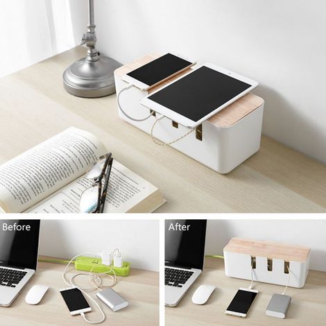 Boîte de stockage et d'organisation pour cordons électriques et multiprises avec couvercle en bois ABS pour bureau et maison, dimensions 30.3x12.5x11.5cm, couleur bois naturel, poids 566g, garantie sé (1/4)