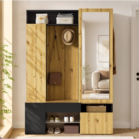 MODFU – Mueble de entrada 127x35x180,5 cm de MDF blanco/natural con espejo, ropero, zapatero, ganchos y compartimentos – Negro (1/5)