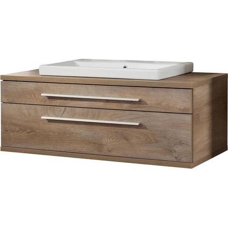 FACKELMANN STANFORD Badmöbel Set 2 Teile / Keramik Waschbecken / Waschbeckenunterschrank mit 2 Schubladen / Soft-Close-System / hochwertiger Badschrank / Korpus & Front: Braun hell / Breite: 110 cm"-" (1/4)
