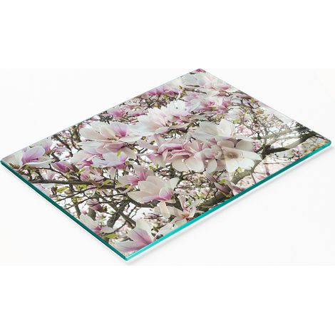Tabla decorativa de cristal para servir aperitivos con dise帽o de flores de magnolia, 80x52 cm.