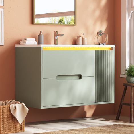 Meuble vasque mural de 81 cm avec texture ondulée + LED, tiroirs, portes, vert, sans robinetterie (1/5)