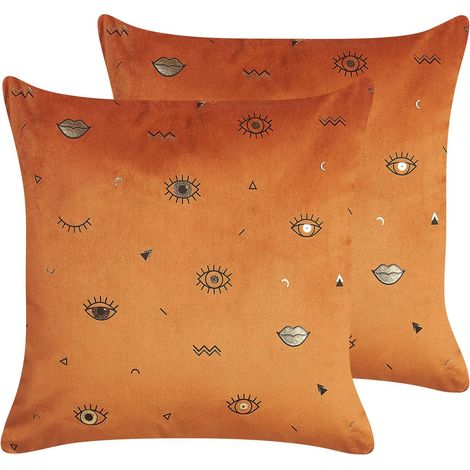 Set of 2 Decorative Cushions AEONIUM Velvet 45 x 45 cm Orange Abstract Pattern